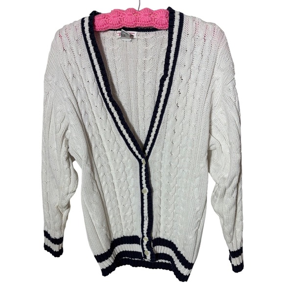 Talbots Womens White Cable Knit Cotton Cricket Cardigan Navy Stripe M Nautical - Picture 9 of 13